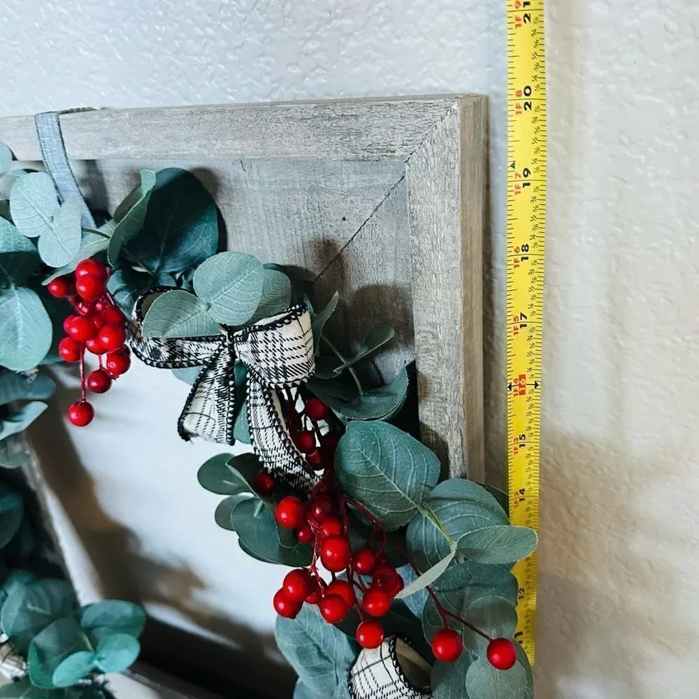 Rustic Wooden Open Frame Holiday Christmas Eucalyptus Wall Wreath Decor